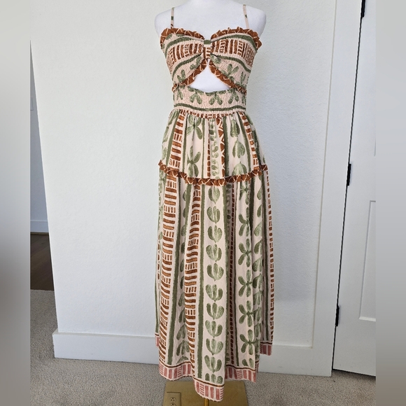 The Bahamas Cutout Smocked Maxi Dress- Green Brown Border Print M - Picture 2 of 10